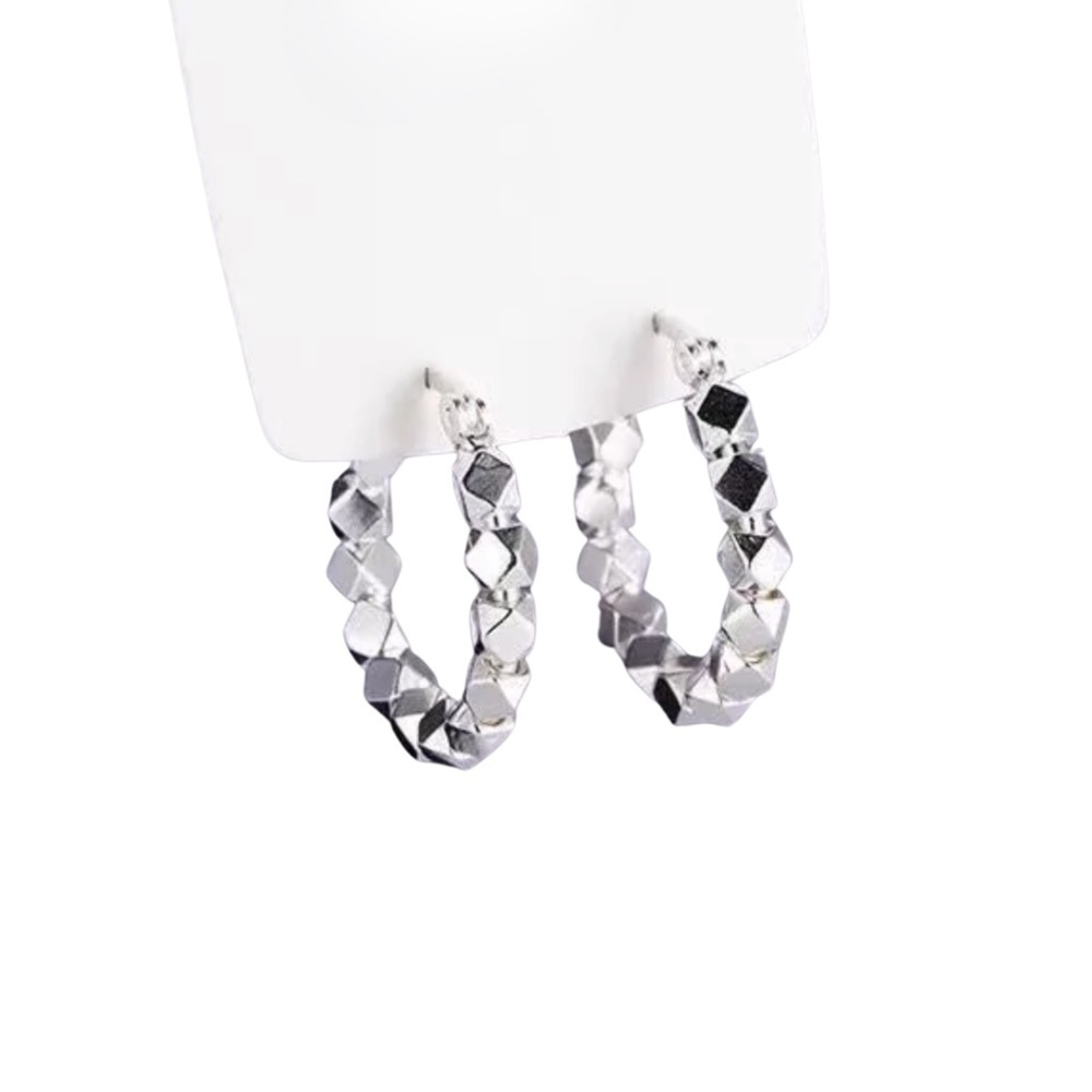 0.87" Faceted Bead Hoop Earrings – Shiny Silver Finish – Lightweight and Elegant